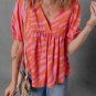 Orange Zebra Stripe Print Ruched Cuff Half Sleeve V Neck Blouse
