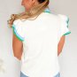 White Color Contrast Ruffled Sleeve Collared V Neck Blouse