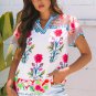 Pink Floral Striped Patchwork Short Sleeve Split Neck Blouse