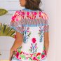 Pink Floral Striped Patchwork Short Sleeve Split Neck Blouse