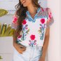 Pink Floral Striped Patchwork Short Sleeve Split Neck Blouse