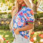 Sky Blue Floral Colorblock Edge Puff Sleeve Split Neck Blouse
