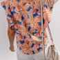 Orange Summer Flower Print Notched Neck Ruffle Sleeve Blouse