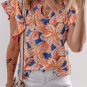 Orange Summer Flower Print Notched Neck Ruffle Sleeve Blouse