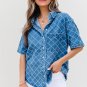 Dusk Blue Checkered Textured Short Sleeve Patched Pocket Denim Shirt