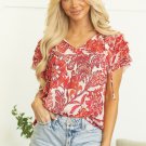 Red Vintage Floral Ruffle Sleeve V Neck Blouse