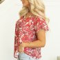 Red Vintage Floral Ruffle Sleeve V Neck Blouse