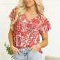 Red Vintage Floral Ruffle Sleeve V Neck Blouse