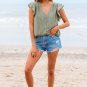 Laurel Green Flutter Sleeve Lace V Neck Shirt