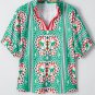 Sea Green Boho Abstract Print Contrast Striped Collared V Neck Blouse