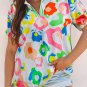 Green Chic Leopard Print Striped Detail Split Neck Blouse
