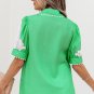 Green Floral Ric Rac Edge Puff Sleeve Button Up Summer Shirt