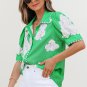 Green Floral Ric Rac Edge Puff Sleeve Button Up Summer Shirt