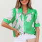 Green Floral Ric Rac Edge Puff Sleeve Button Up Summer Shirt