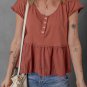 Chestnut Short Sleeve U Neck Buttons Splicing Ruffle Blouse