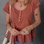 Chestnut Short Sleeve U Neck Buttons Splicing Ruffle Blouse