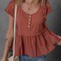 Chestnut Short Sleeve U Neck Buttons Splicing Ruffle Blouse