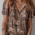Khaki Retro Floral Print Tassel Tie Split Neck Short Sleeve Blouse