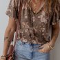 Khaki Retro Floral Print Tassel Tie Split Neck Short Sleeve Blouse