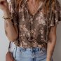 Khaki Retro Floral Print Tassel Tie Split Neck Short Sleeve Blouse