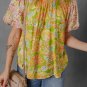 Multicolour Printed Contrast Bubble Sleeve Patchwork Blouse