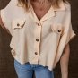 Beige Waffle Splicing Short Batwing Sleeve Flap Detail Shirt