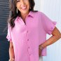 Bonbon Mineral Wash Textured Ruffle Trim Short Sleeve Shirt