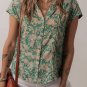 Green Floral Print Pleated Buttoned V Neck Short Sleeve Blouse