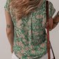 Green Floral Print Pleated Buttoned V Neck Short Sleeve Blouse