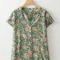 Green Floral Print Pleated Buttoned V Neck Short Sleeve Blouse
