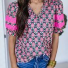 Sachet Pink V Neck Ruffle Abstract Floral Print Puff Sleeve Top