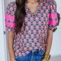 Sachet Pink V Neck Ruffle Abstract Floral Print Puff Sleeve Top