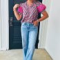 Sachet Pink V Neck Ruffle Abstract Floral Print Puff Sleeve Top