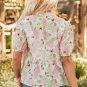 Pink Floral Print Drawstring V Neck Peplum Blouse