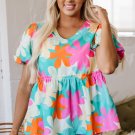 Pink Floral Print Bubble Sleeve V Neck Peplum Blouse