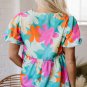 Pink Floral Print Bubble Sleeve V Neck Peplum Blouse