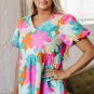 Pink Floral Print Bubble Sleeve V Neck Peplum Blouse