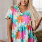 Pink Floral Print Bubble Sleeve V Neck Peplum Blouse