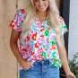 Green Contrast Leopard Print V Neck Short Sleeve Blouse