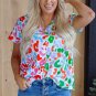 Green Contrast Leopard Print V Neck Short Sleeve Blouse