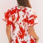 Red Plant Print Tiered Ruffled Sleeve V Neck Blouse