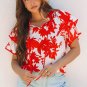 Red Plant Print Tiered Ruffled Sleeve V Neck Blouse