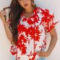 Red Plant Print Tiered Ruffled Sleeve V Neck Blouse
