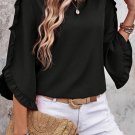 Black Ruffle Trimmed 3/4 Sleeve Round Neck Blouse