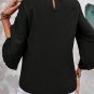 Black Ruffle Trimmed 3/4 Sleeve Round Neck Blouse