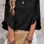 Black Ruffle Trimmed 3/4 Sleeve Round Neck Blouse