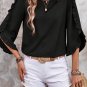 Black Ruffle Trimmed 3/4 Sleeve Round Neck Blouse