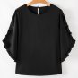 Black Ruffle Trimmed 3/4 Sleeve Round Neck Blouse