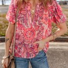 Red Floral Print Ruffled Puff Short Sleeve Blouse