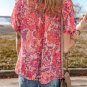 Red Floral Print Ruffled Puff Short Sleeve Blouse